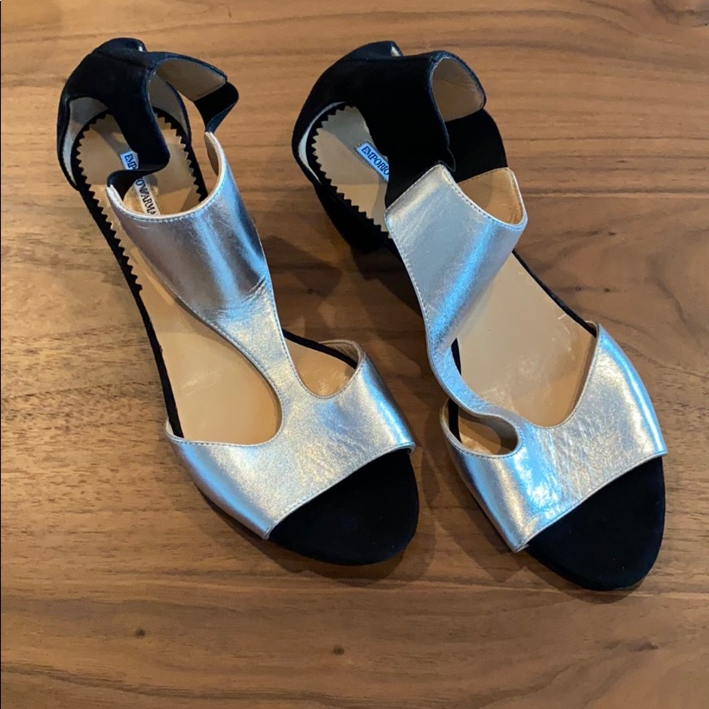 Armani Block Heel Sandals in Silver and Black